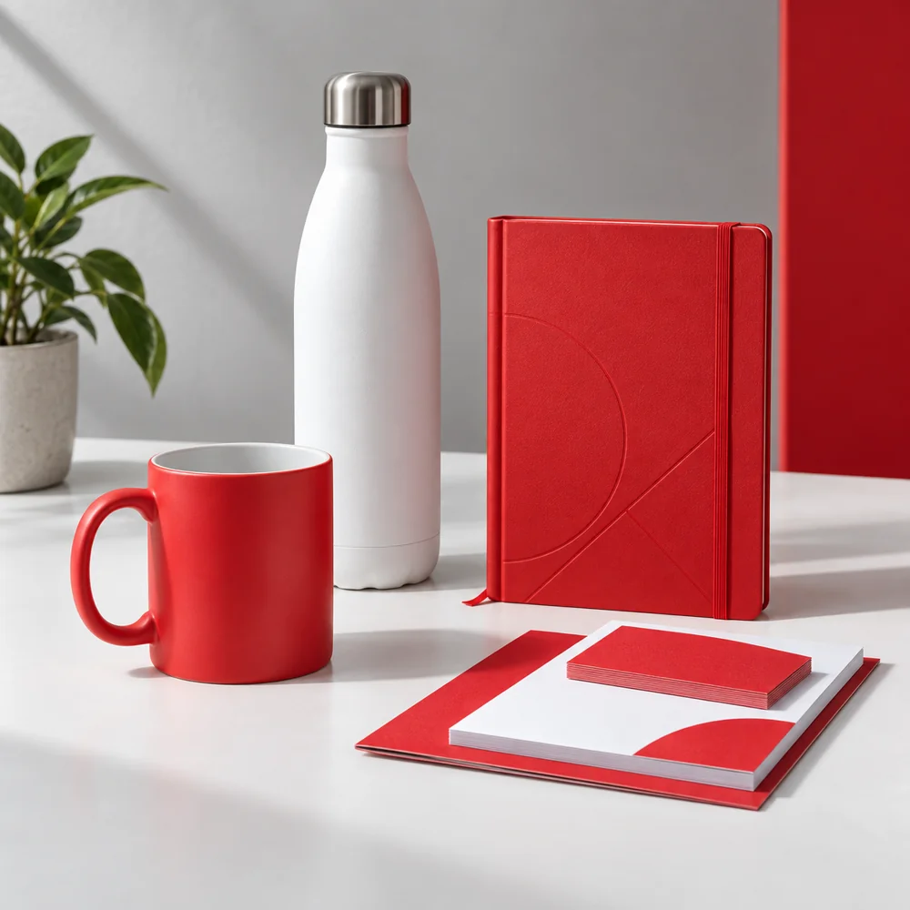 Composición conceptual de merchandising en rojo y blanco: taza, libreta, botella y papelería